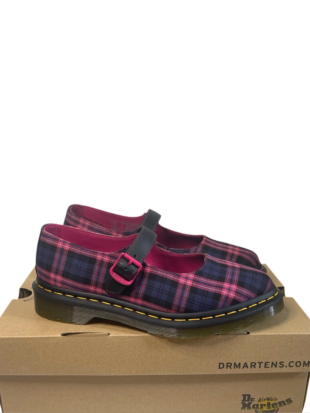 NIB Dr. Martens Women's Elphie Mary Jane Flats Tartan Pink, Black, Navy Size 7
